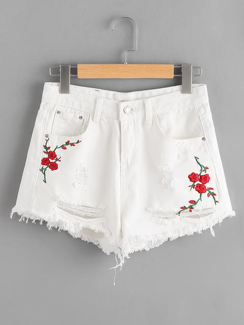 Distress Floral Embroidered Fray Hem Denim Shorts