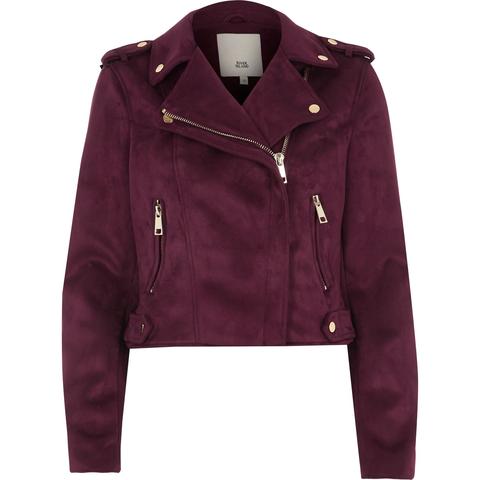 Burgundy Faux Suede Biker Jacket