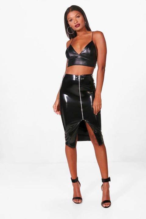 Vinyl Zip Through Midi Skirt