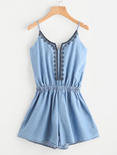 Ricamato Denim Cami Romper