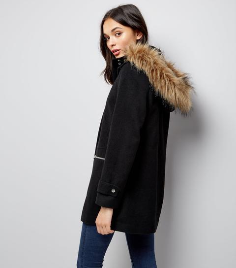 black faux fur trim duffle coat