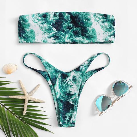 Top Bandeau Con Estampado De Ola Con Set De Bikini Tanga