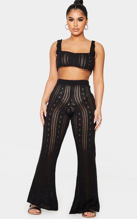 Petite Black Pointelle Knit Wide Leg Trousers