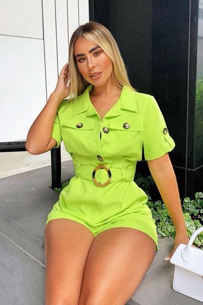 Lime Short Sleeve Button Front Resin Belted Playsuit - Caasi