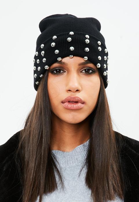 Black Studded Detail Beanie, Black