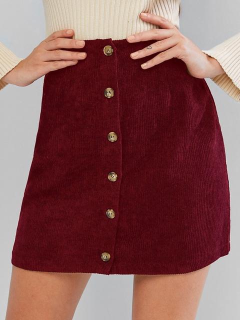 Zaful Corduroy Button Fly High Rise Skirt Black Chestnut Red Wine