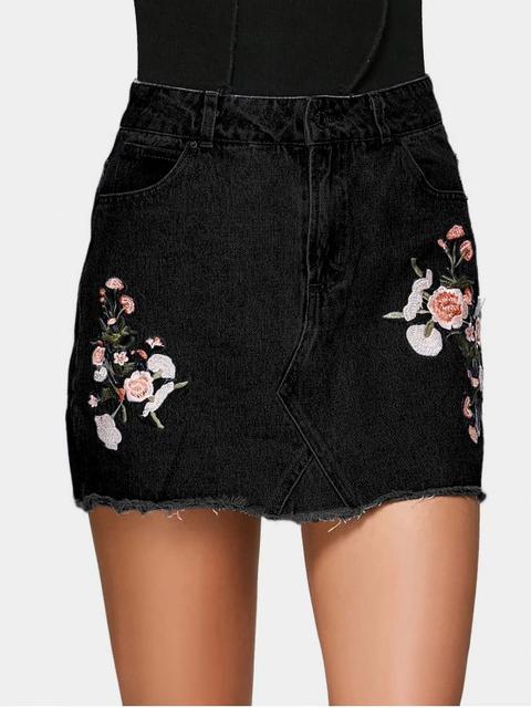 Denim Bordado Floral Una Falda De Línea