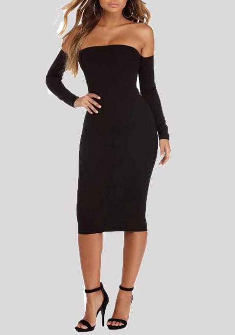 Abito Midi Cravatta Dietro Spalle Scoperte Bodycon Homecoming Partito Nero