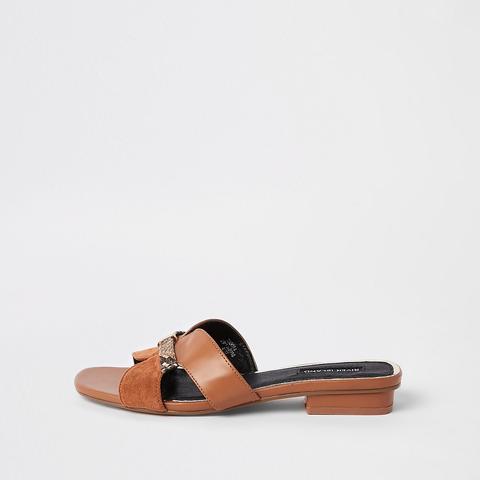 Brown Faux Leather Flat Mule Sandal