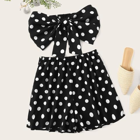 Conjunto Top Fruncido Con Nudo Con Estampado De Lunares Con Shorts
