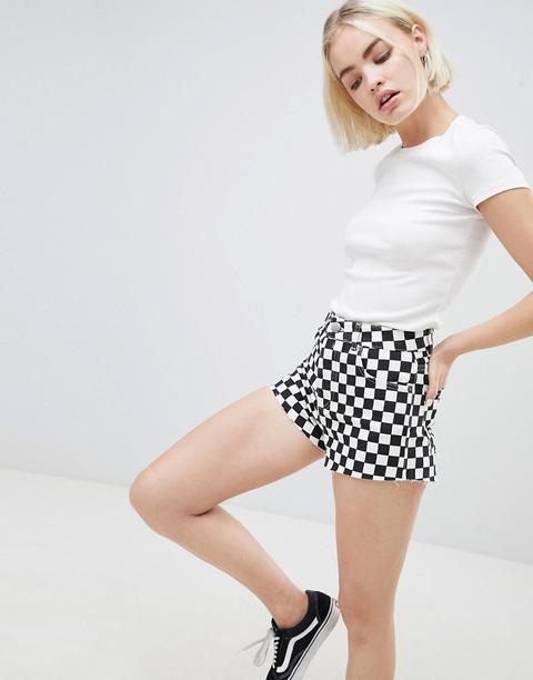 Asos Design Denim Short With Raw Hem In Checkerboard - Black/ White