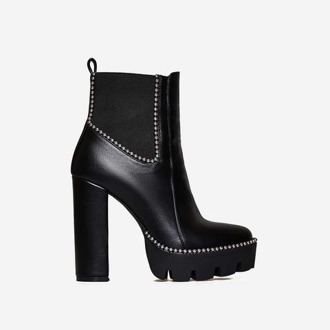 Aubree Studded Detail Platform Biker Boot In Black Faux Leather, Black