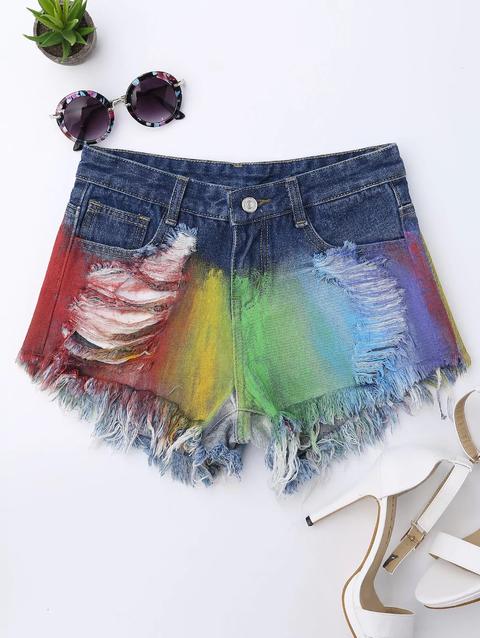 Pittura A Spruzzo Fratturato Femmina Denim Hem Shorts