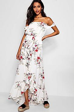 Vestido Maxi Floral Cruzado Con Hombros Descubiertos Y Volante