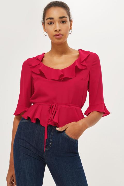 Womens Red Frill Blouse - Red, Red