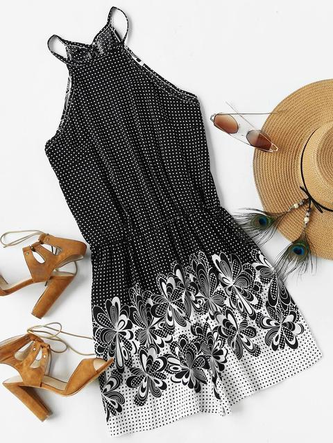 Polka Floral Print Self Tie Open Back Romper