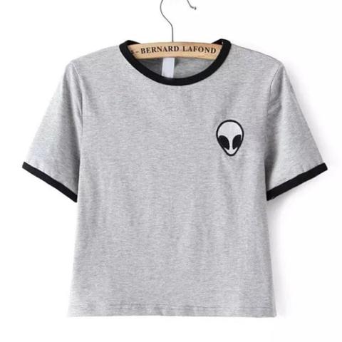 Grey Crew Neck Alien Print Crop T-shirt