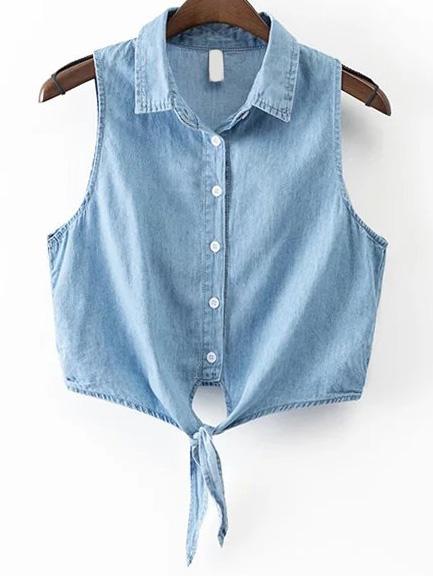 Blue Knot Front Sleeveless Denim Top