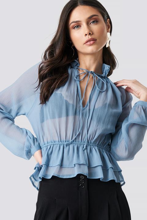 High Frill Neck Top Blue Stone