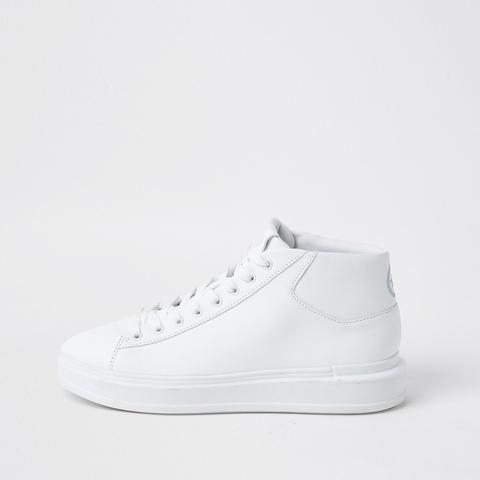 White Faux Leather Lace Up Mid Top Trainers