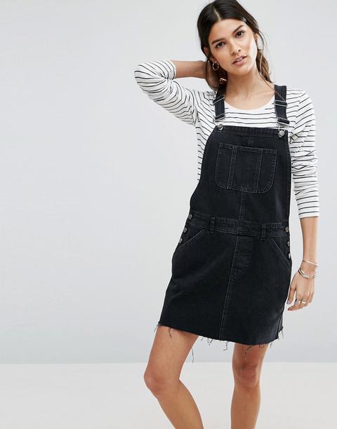 Asos Denim Dungaree Dress In Washed Black