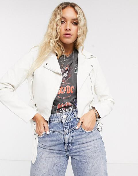 Bershka Faux Leather Biker Jacket In Ecru-white