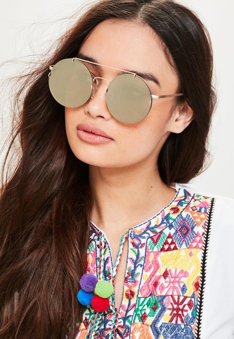 Gold Flat Top Bar Round Sunglasses