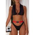 Collar Back Gurl Zip Up Bikini Top In Black & Red from Oh Polly on