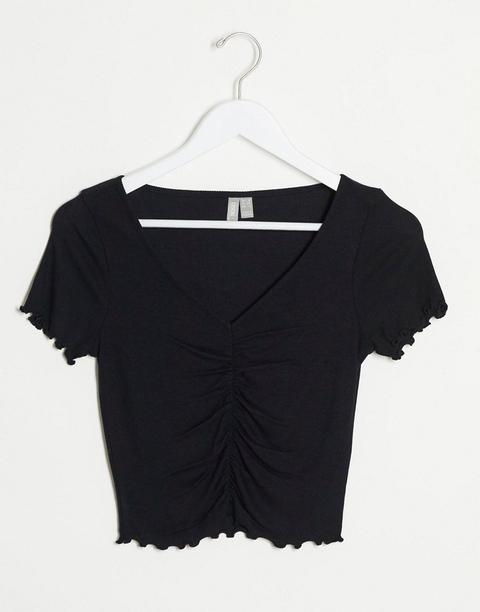 Top Con Cuello De Pico Y Detalle Fruncido Con Borde Ondulado En Negro De Asos Design