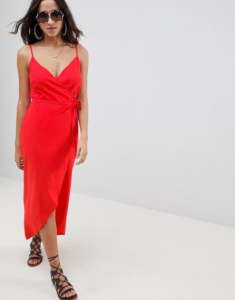 Asos Design - Vestito Lungo A Portafoglio In Lino Stile Sottoveste Con Spalline Sottili - Rosso