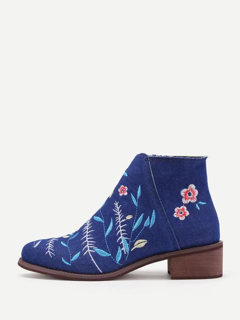 Botines De Tacón Cuadrado En Denim Con Bordado De Flor