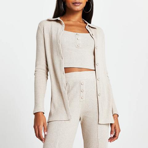 Beige Ribbed Button Front Cardigan