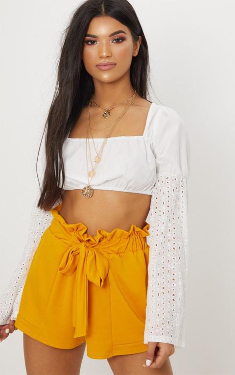 Mustard Crepe Ruched Tie Waist Shorts