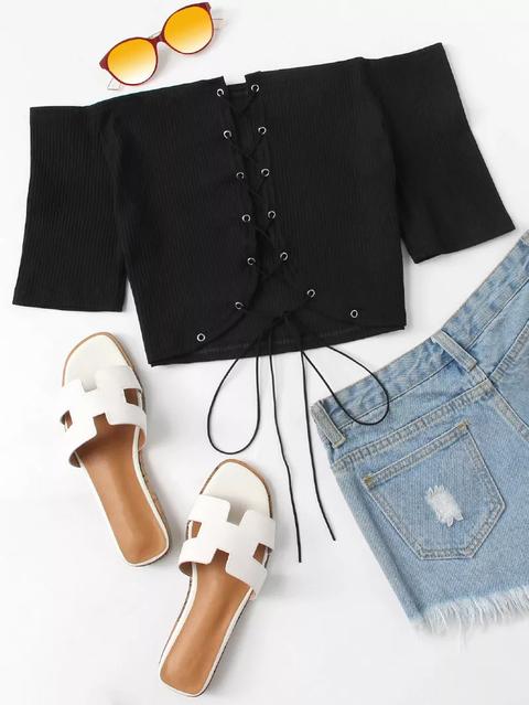 Off Shoulder Lace Up Crop Top