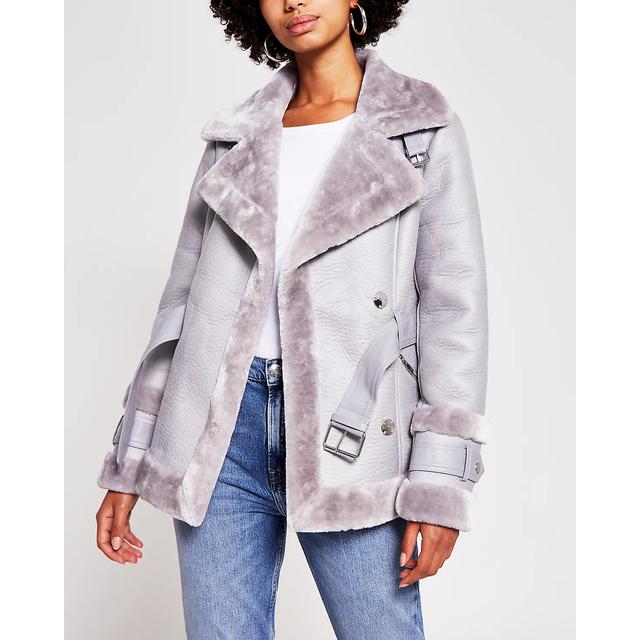 grey crackle faux shearling aviator jacket