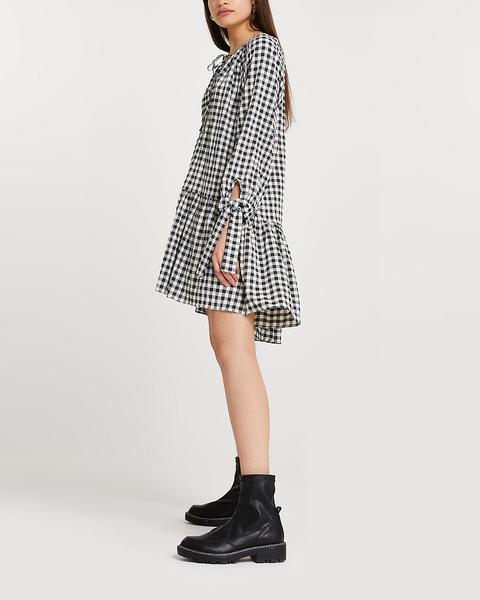 Black Gingham Tie Neck Smock Mini Dress