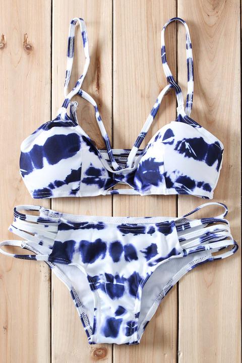 Hollow Print Spaghetti Strap Bikini Set