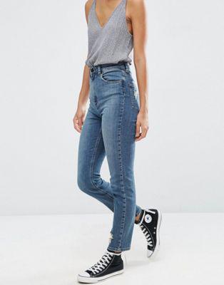 Asos - Farleigh - Mom Jeans Slim A Vita Alta Blu Scuro Bebe Stonewash Con Strappi - Blu