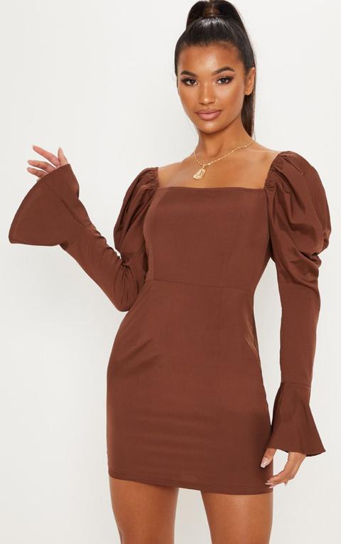 Chocolate Brown Square Neck Puff Sleeve Bodycon Dress