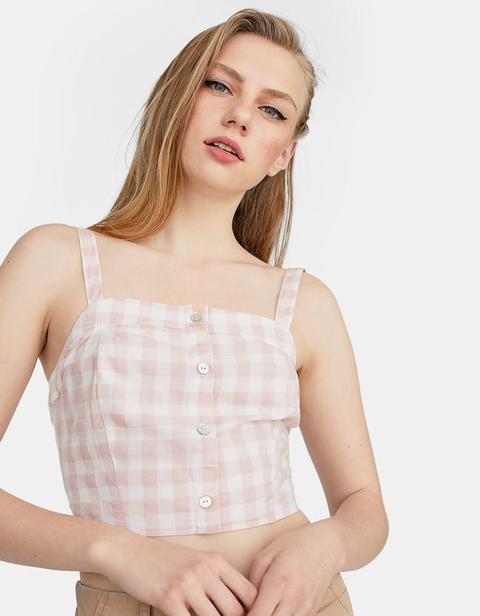 Top A Quadri Vichy Con Bottoni Rosa