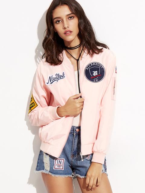 Giacca Bomber Ricamata Patch Con Cerniera - Rosa