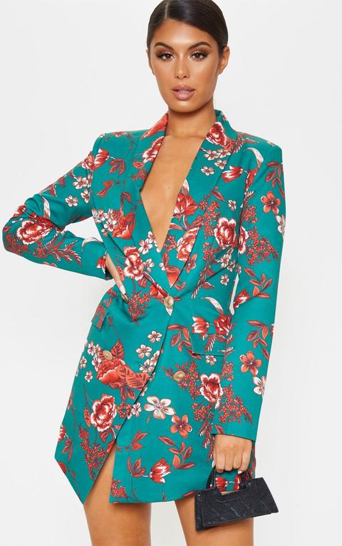 Emerald Green Floral Print Gold Button Blazer Dress