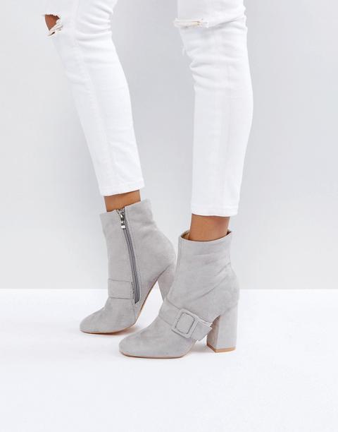 Glamorous Grey Buckle Detail Heeled Ankle Boots - Grey