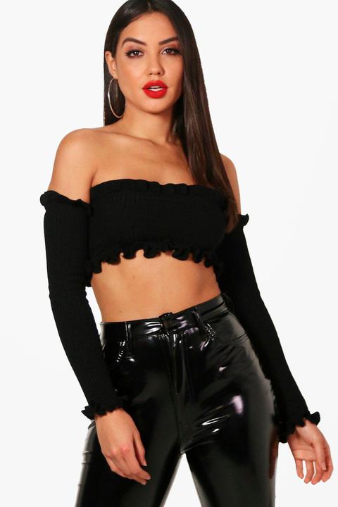 Knitted Rib Ruffle Detail Crop