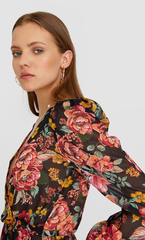 Camicetta Incrociata Con Fiori Nero