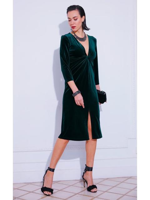 Vestido Midi De Terciopelo Con Abertura Verde 36