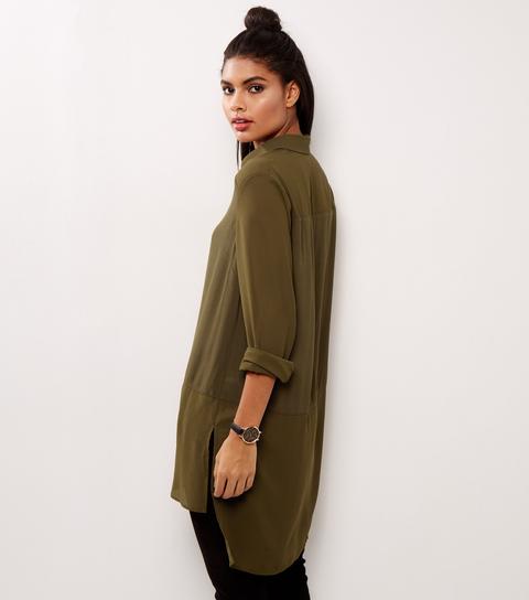 Khaki Sheer Longline Shirt