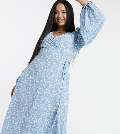 Vestido Midi Con Parte Delantera Cruzada Y Estampado De Florecitas De Glamorous Curve-azul