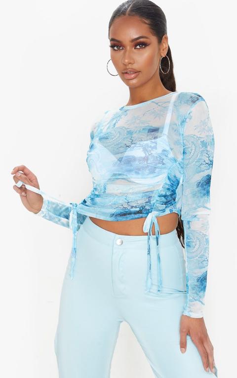 Turquoise Chinese Dragon Printed Mesh Ruched Crop Top