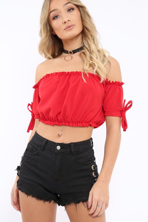 Red Ruched Bardot Gypsy Crop Top - Janette